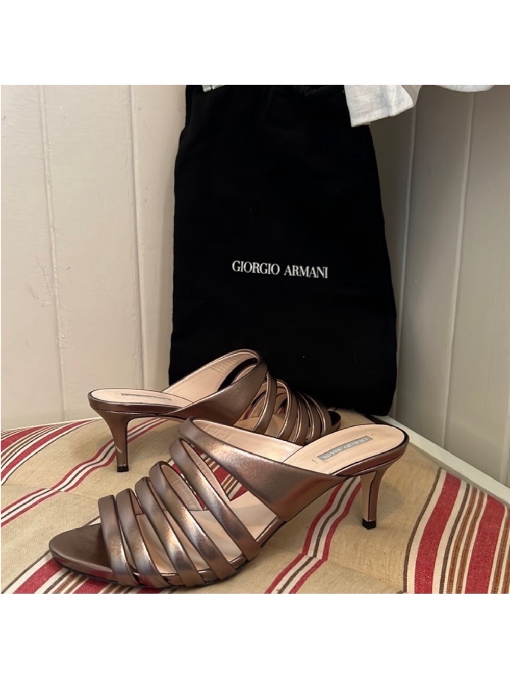 NWOB Giorgio Armani Kitten Heel Sandals in Bronze Rose Gold